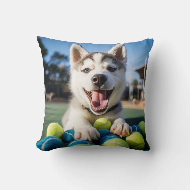 Cojín Decorativo 🐶 Sonriente Marioneta 🎾 con bolas de tenis (Anverso)