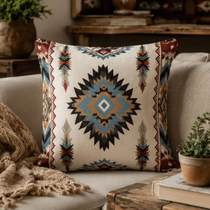 Cojín Decorativo Southwestern Aztec Geometric Boho Blue, Rust & Cre
