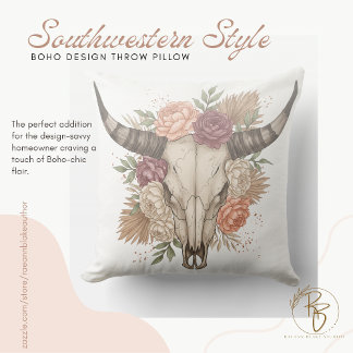 Cojín Decorativo Southwestern Boho Design Bull Skull Throw Pillow