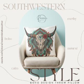 Cojín Decorativo Southwestern Boho Design Bull Skull Throw Pillow