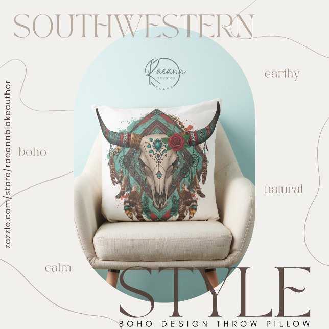 Cojín Decorativo Southwestern Boho Design Bull Skull Throw Pillow (Subido por el creador)