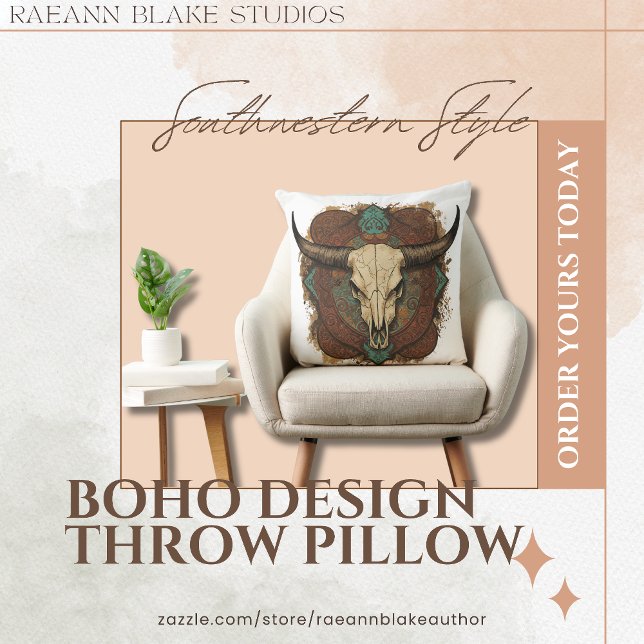 Cojín Decorativo Southwestern Boho Design Bull Skull Throw Pillow (Subido por el creador)