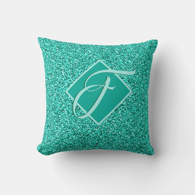 Cojín Decorativo Sparkle Glam Turquesas Glitter Monogramado (Anverso)