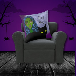 Cojín Decorativo Spell Time Green Witch Black Cat Blue Full Moon