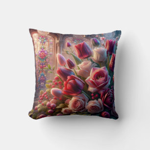 Cojín Decorativo "Splendor de vidrio manchado: Bouquet de Rosas bes