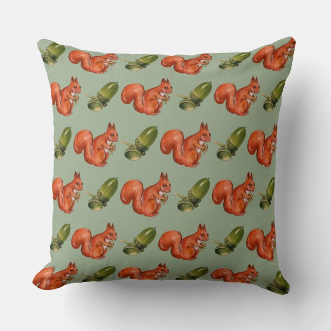 Cojín Decorativo Squirrel and Acorn Pattern Green (Anverso)