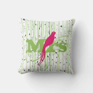 Cojín Decorativo Sr. Mrs. Spring Green y Fuchsia Birch Tree Bird