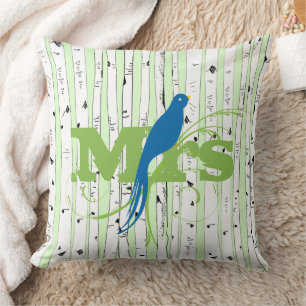 Cojín Decorativo Sr. Mrs. Spring Green y Royal Blue Birch Tree Bird