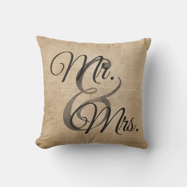 Cojín Decorativo Sr. y señora Burlap Wedding Personalized (Anverso)