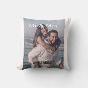 Cojín Decorativo Sr y Sra agregar nombre de familia foto fecha boda