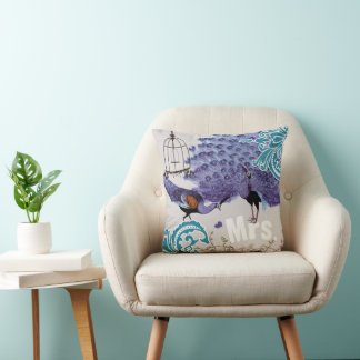 Cojín Decorativo Sra. Verde azulada Damask Purple Vintage Peacock B