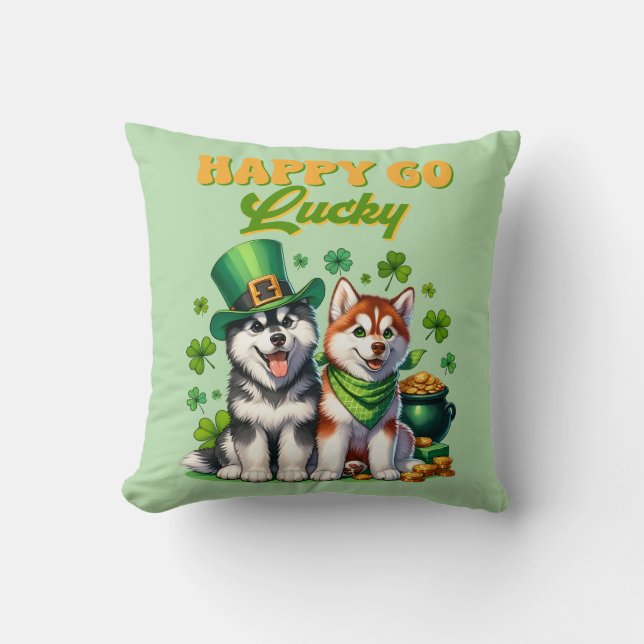 Cojín Decorativo St. Patrick's Happy Go Lucky Husky (Anverso)