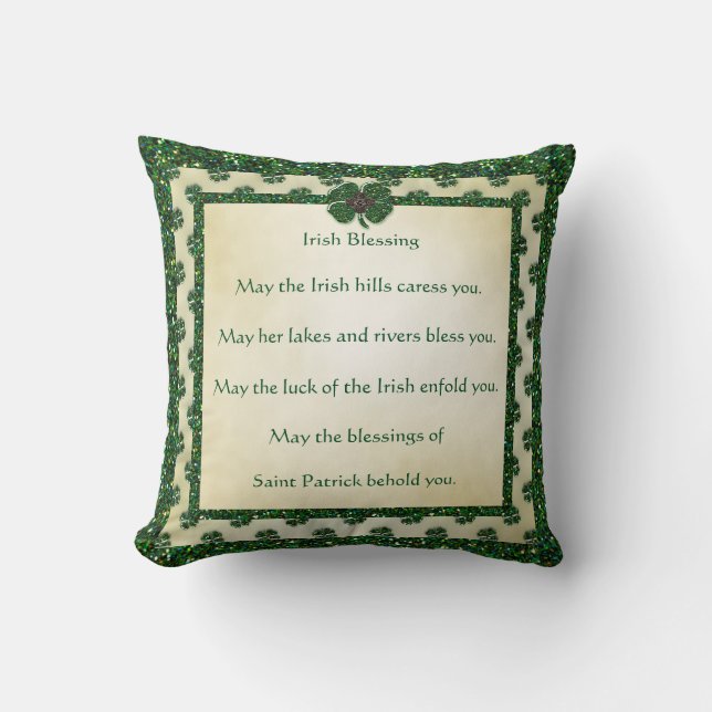 Cojín Decorativo St. Patrick's Sparkly Shamrock Irish Blessing (Anverso)