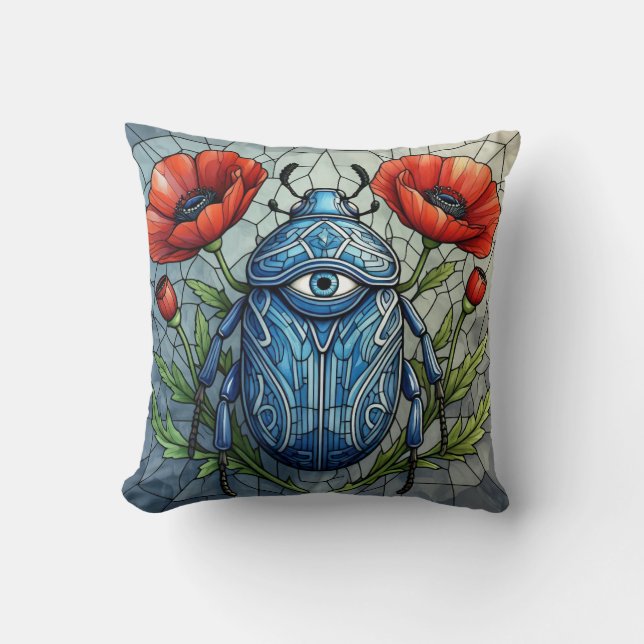 Cojín Decorativo Stained Glass Beetle Eye Poppies Unique Bug Insect (Anverso)