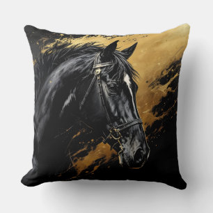 Cojín Decorativo Stallion negro sobre negro y oro con blanco