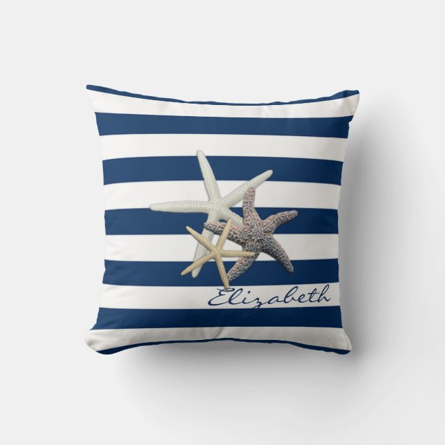 Cojín Decorativo Starfish Adorable, Navy Blue Stripes Personalizado (Anverso)