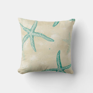 Cojín Decorativo Starfish Aqua, Watercolor Beach Retro Vintage Sand