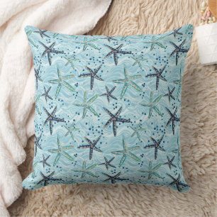 Cojín Decorativo Starfish azul claro y dorado en el patrón de ola o