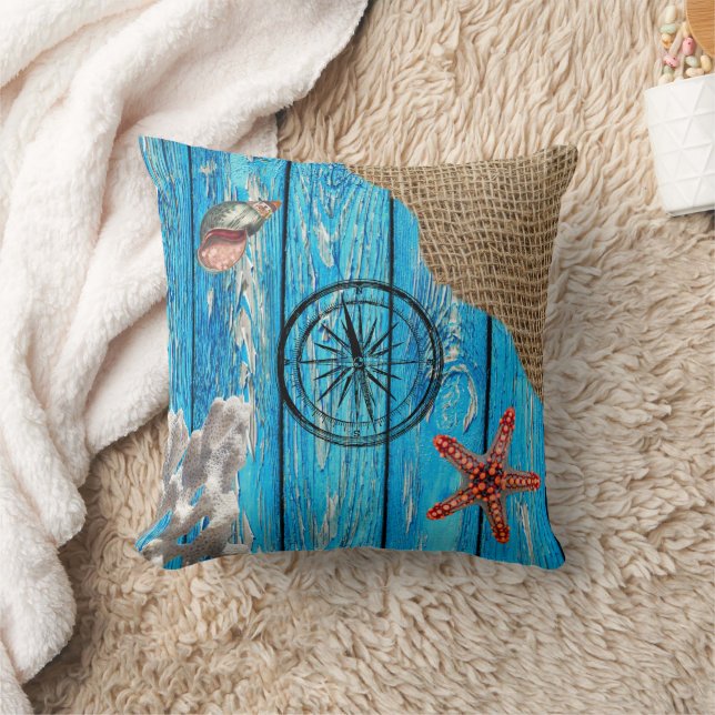 Cojín Decorativo Starfish Rústico Nautical Blue Wood (Manta)