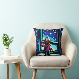 Cojín Decorativo Stargazer en la ventana Dreamy Pixel Art Night Sky