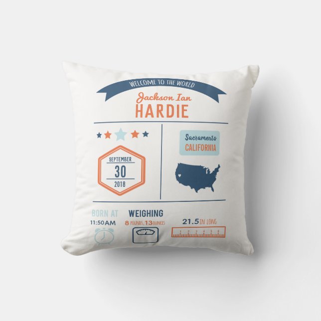 Cojín Decorativo Stats del nacimiento del bebé (Anverso)
