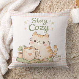 Cojín Decorativo Stay Cozy Cute Kitty Cat Pink Gingham Sweet Home 