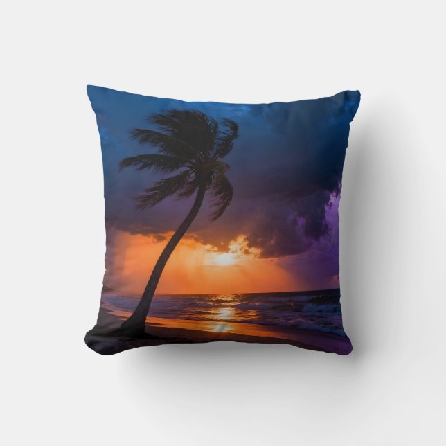 Cojín Decorativo  Stormy Sunset Beach Pillow Dramatic Lone Palm (Anverso)