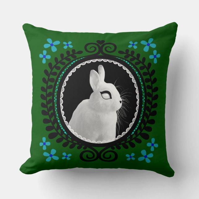 Cojín Decorativo Strange White Bunny: Green, Blue, & Black  (Anverso)
