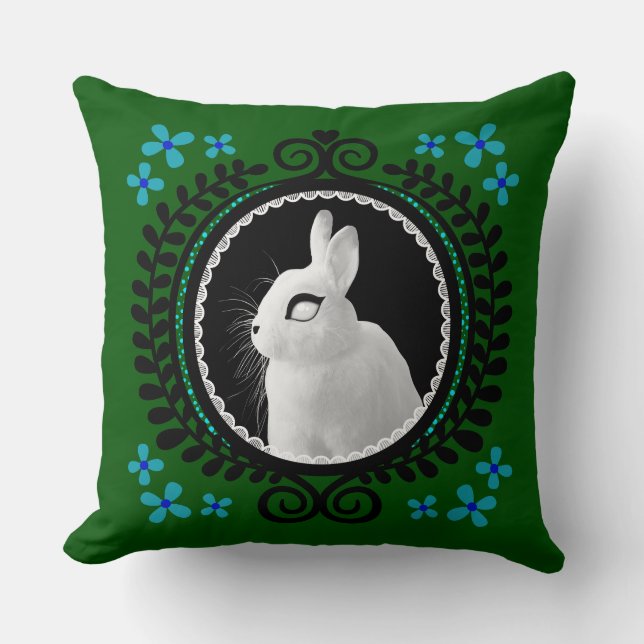 Cojín Decorativo Strange White Bunny: Green, Blue, & Black  (Anverso)
