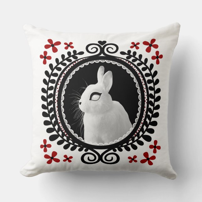 Cojín Decorativo Strange White Bunny: White, Black & Red Throw Pill (Anverso)