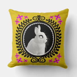 Cojín Decorativo Strange White Bunny: Yellow, Magenta, Red, & Black