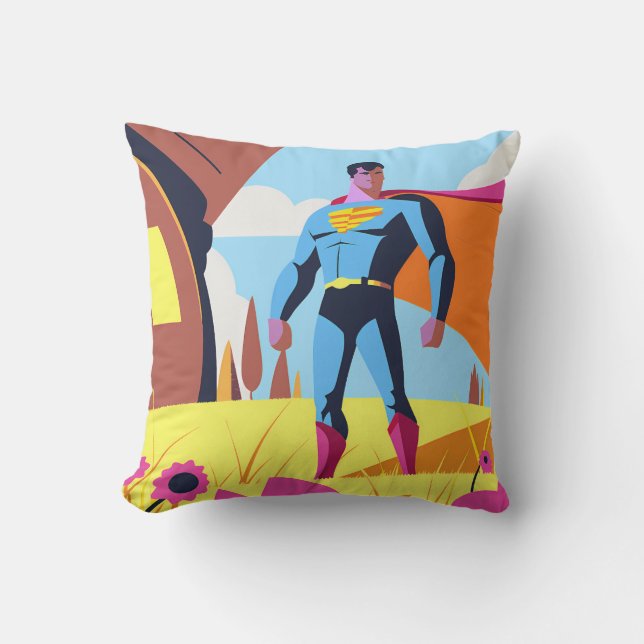 Cojín Decorativo Stylized Superhero Standing in Bright Landscape (Anverso)