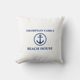 Cojín Decorativo Su nombre Beach House Sea Anchor Marina Blue White