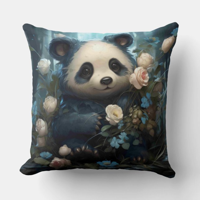 Cojín Decorativo Suave oso panda entre Rosas de la selva (Anverso)