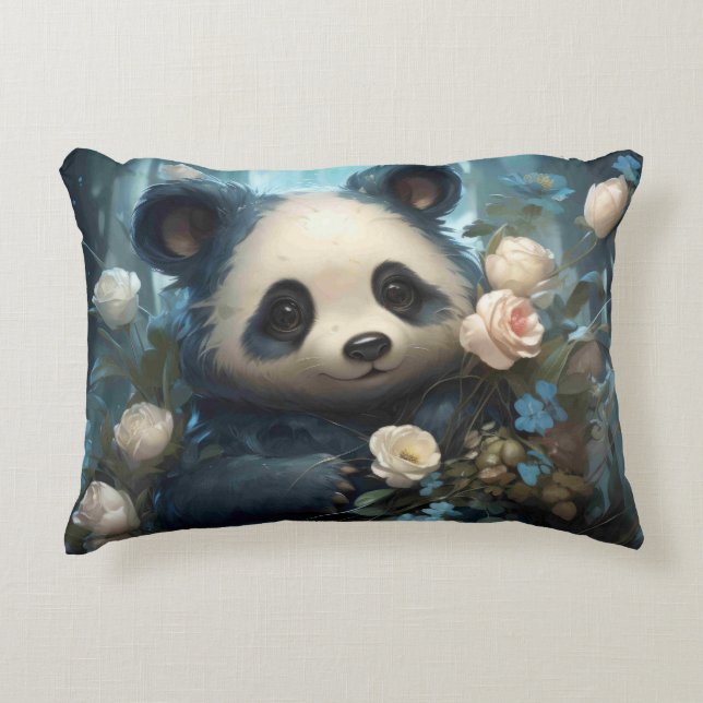 Cojín Decorativo Suave oso panda entre Rosas de la selva (Anverso)