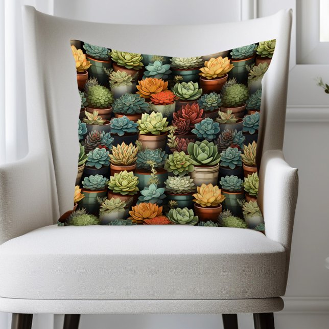 Cojín Decorativo Suculentas plantas de cactus de jardinería (Succulents in planter pots pillow)