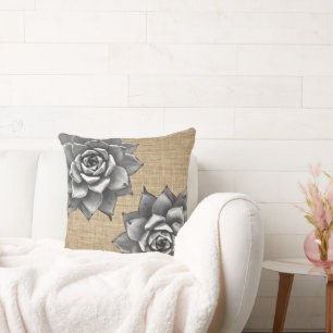 Cojín Decorativo Suculento gris acuarela en Tan Burlap