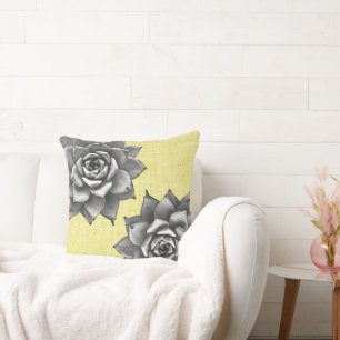Cojín Decorativo Suculento gris acuarela sobre amarillo