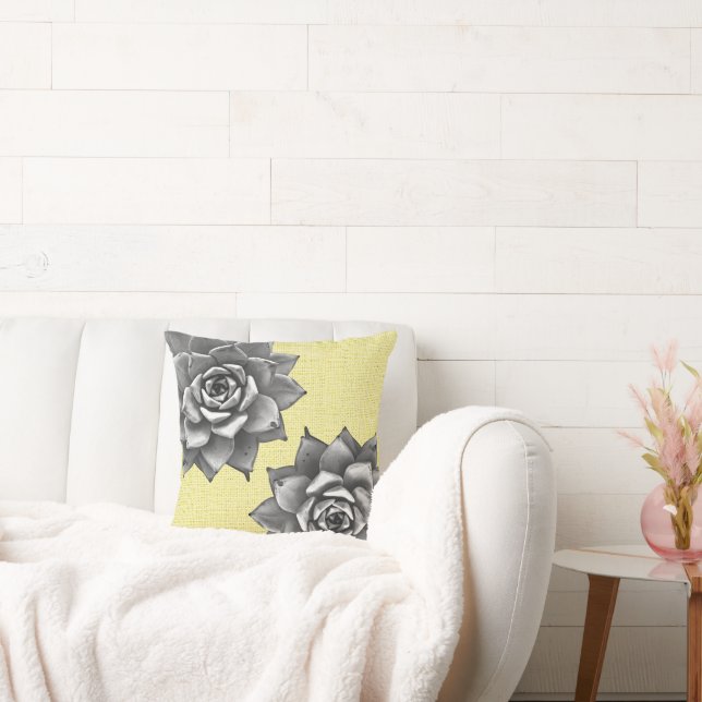 Cojín Decorativo Suculento gris acuarela sobre amarillo (Sofá)