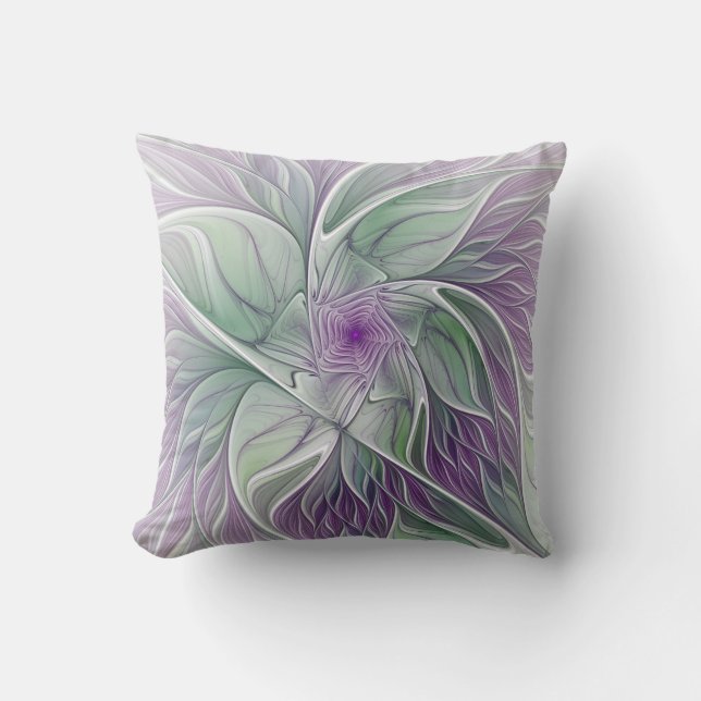 Cojín Decorativo Sueño de flores, abstracto arte fractal verde púrp (Anverso)