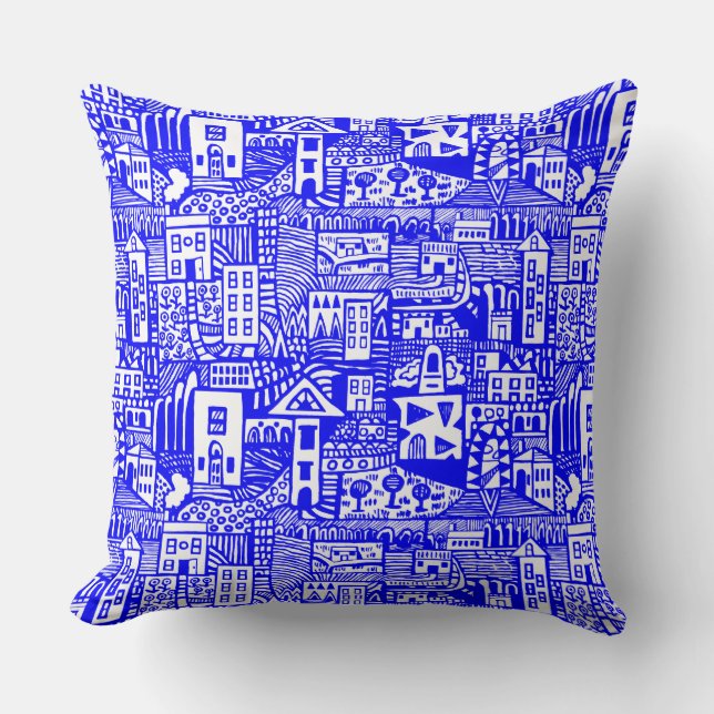 Cojín Decorativo Sueño urbano - Azul sobre blanco (Anverso)