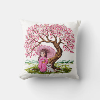 Cojín Decorativo Sueños de flores: Chica de Kimono y Cachorro