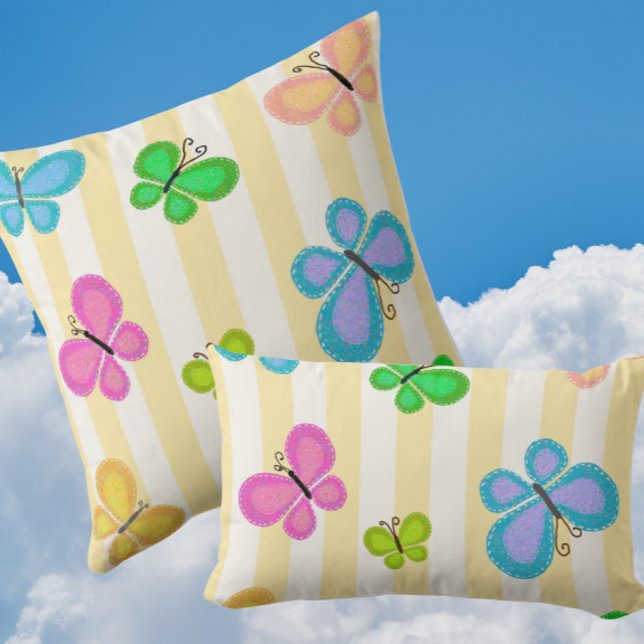 Cojín Decorativo Sueños de Mariposa Amarillo Blanco Raya (Folk art butterflies on sunny yellow white stripe)