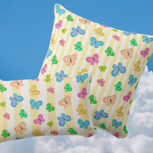 Cojín Decorativo Sueños de Mariposa Amarillo Blanco Rayado (Folk art butterflies on sunny yellow stripes)