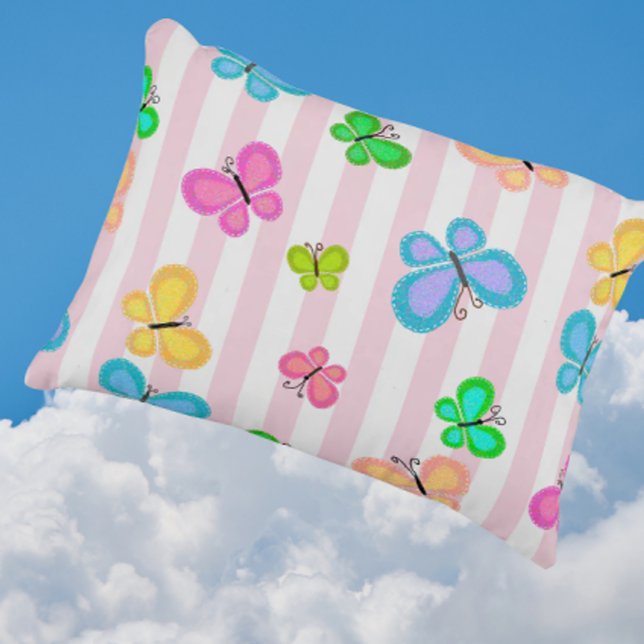 Cojín Decorativo Sueños de Mariposa Franja Rosa (Sweet candy pink stripes with colorful butterflies)