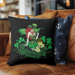 Cojín Decorativo Suerte Verde Irlandesa Hada Pelo Rojo Trébol