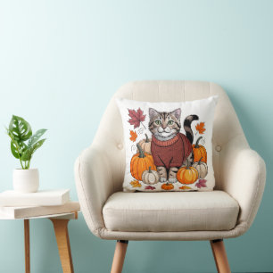 Cojín Decorativo Suéter de gatito otoñal lindo   Calabazas de otoño