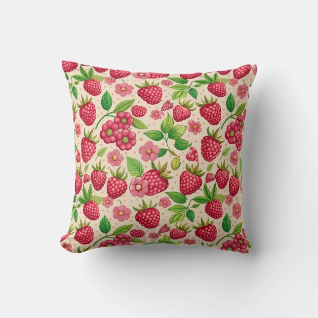 Cojín Decorativo Summer Raspberry Garden Botanical Fruit Pattern (Anverso)