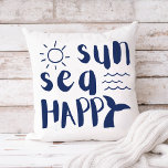 Cojín Decorativo Sun Sea Happy Whaves Waves Beach Typography<br><div class="desc">Divertida,  temática de la playa almohada de lanzamiento de algodón muestra la tipografía "sun sea happy" en azul marino con una cola de ballena,  olas del océano y doodles de sol. Perfecto para la decoración costera y tropical y el alquiler de casas de vacaciones.</div>
