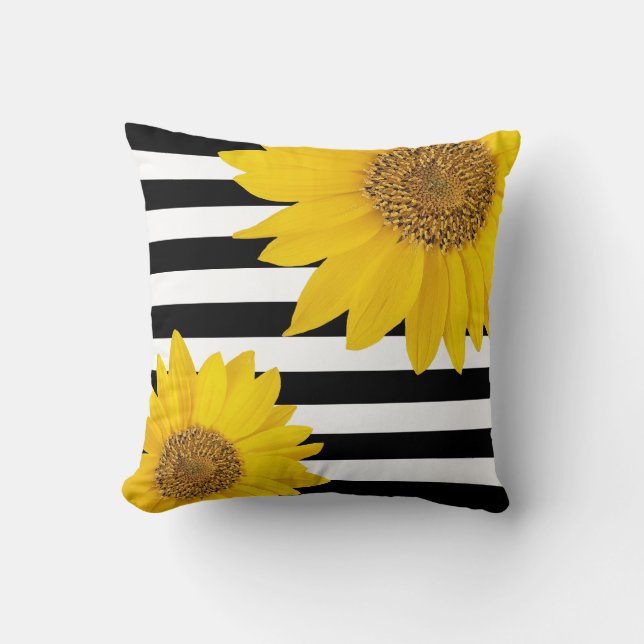 Cojín Decorativo Sunflower amarillo con franjas negra y blanca (Anverso)